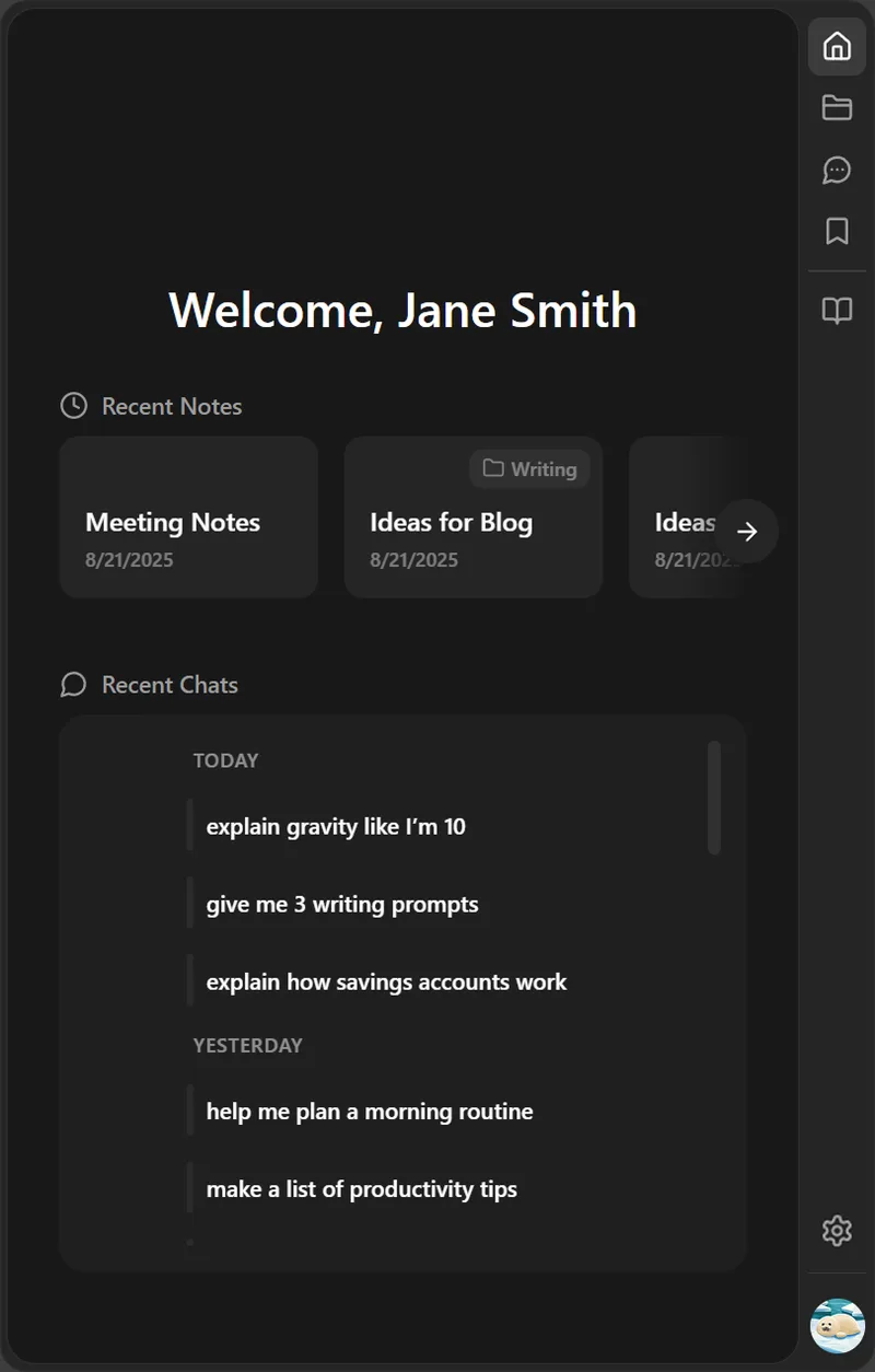 Dockbox Chrome sidebar showing note editor, AI chat, and YouTube summary